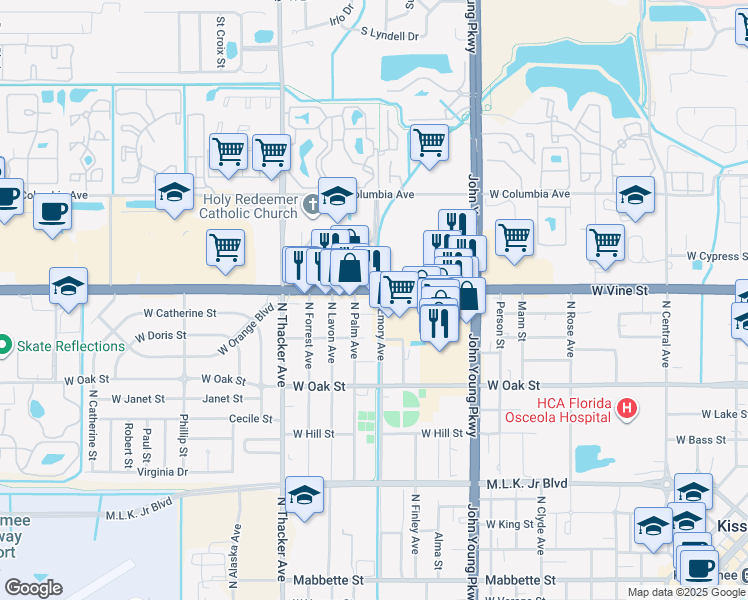 map of restaurants, bars, coffee shops, grocery stores, and more near 1536 West Vine Street in Kissimmee