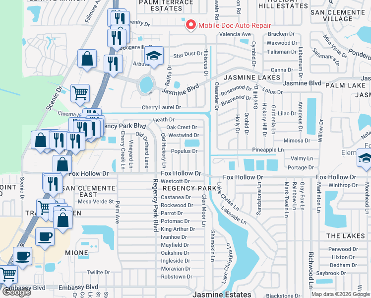 map of restaurants, bars, coffee shops, grocery stores, and more near 7325 Populus Drive in Port Richey