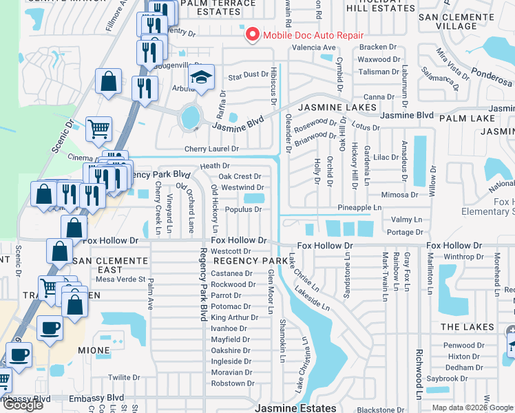 map of restaurants, bars, coffee shops, grocery stores, and more near 10032 Brunswick Lane in Port Richey