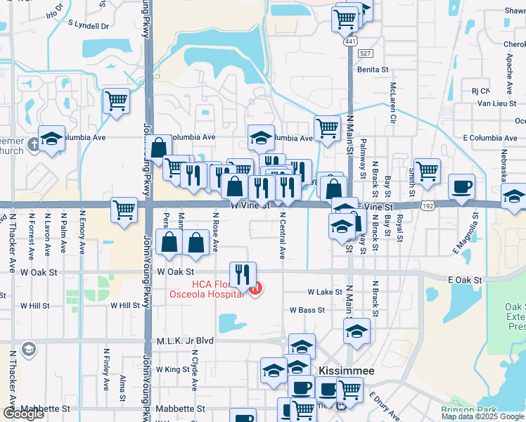 map of restaurants, bars, coffee shops, grocery stores, and more near 1217 North Beaumont Avenue in Kissimmee