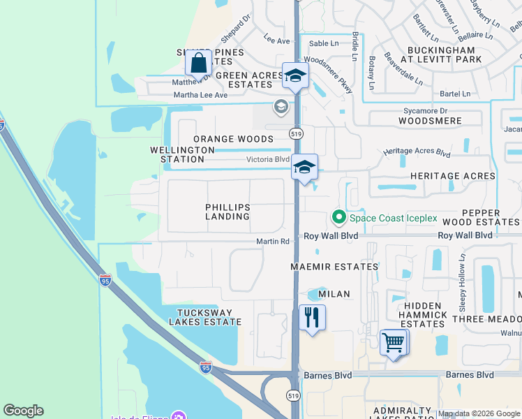 map of restaurants, bars, coffee shops, grocery stores, and more near 2321 Bridgeport Circle in Rockledge
