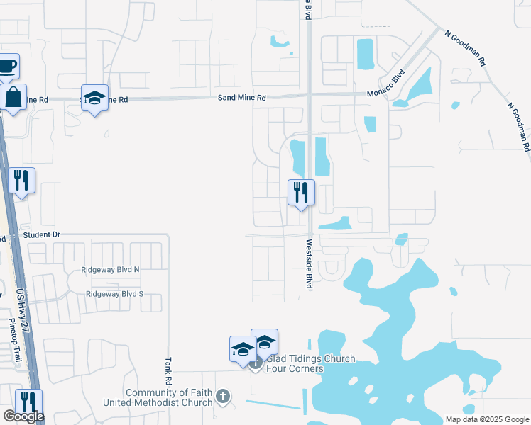 map of restaurants, bars, coffee shops, grocery stores, and more near 1517 Nassau Point Trail in Kissimmee