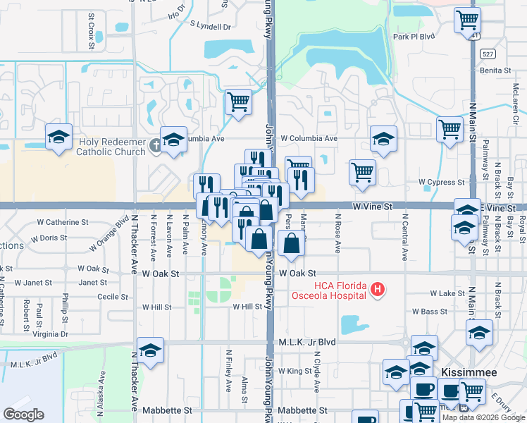 map of restaurants, bars, coffee shops, grocery stores, and more near 1312 N John Young Pkwy in Kissimmee