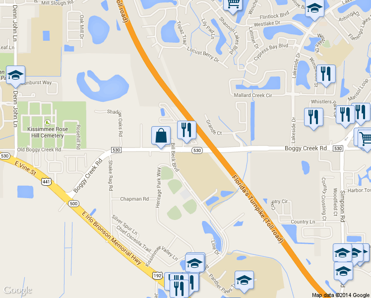 map of restaurants, bars, coffee shops, grocery stores, and more near 1916 Boggy Creek Rd in Kissimmee