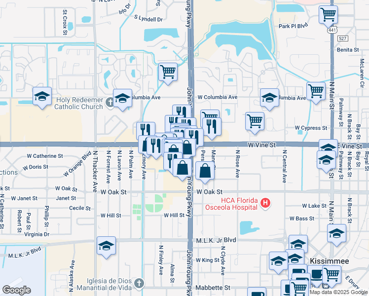 map of restaurants, bars, coffee shops, grocery stores, and more near 1312 N John Young Pkwy in Kissimmee
