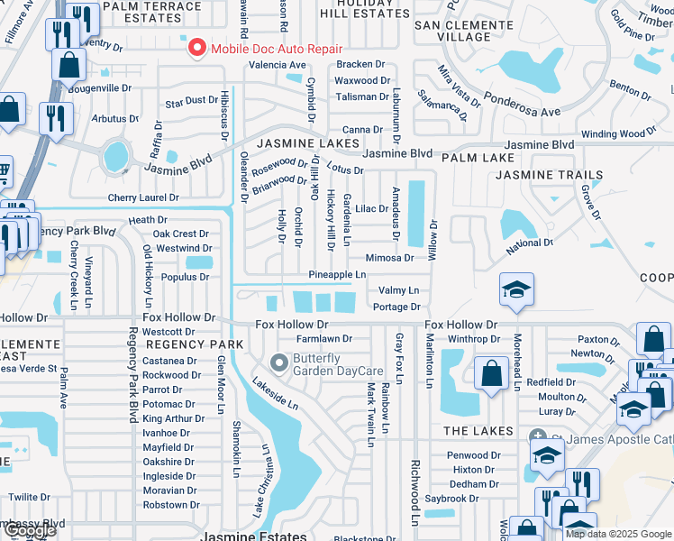 map of restaurants, bars, coffee shops, grocery stores, and more near 10112 Hickory Hill Drive in Port Richey