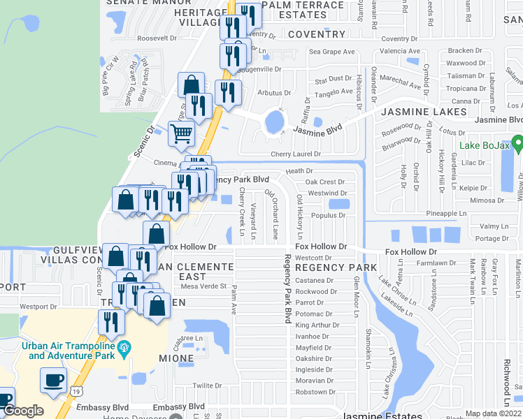 map of restaurants, bars, coffee shops, grocery stores, and more near 10115 Brandywine Lane in Port Richey