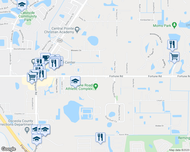 map of restaurants, bars, coffee shops, grocery stores, and more near 2521 Fortune Road in Kissimmee
