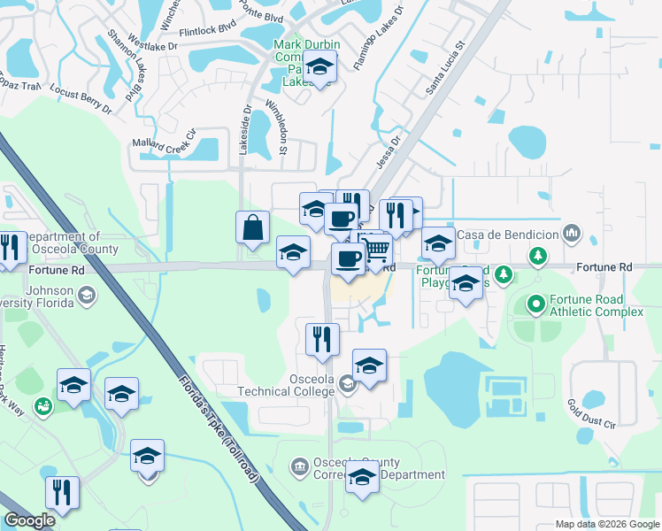 map of restaurants, bars, coffee shops, grocery stores, and more near 2275 Boggy Creek Road in Kissimmee
