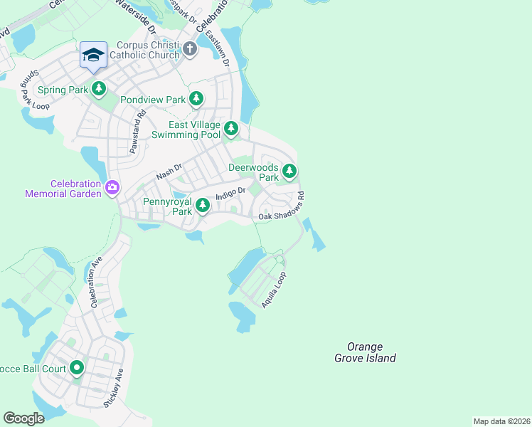 map of restaurants, bars, coffee shops, grocery stores, and more near 3 Oak Shadows Road in Celebration