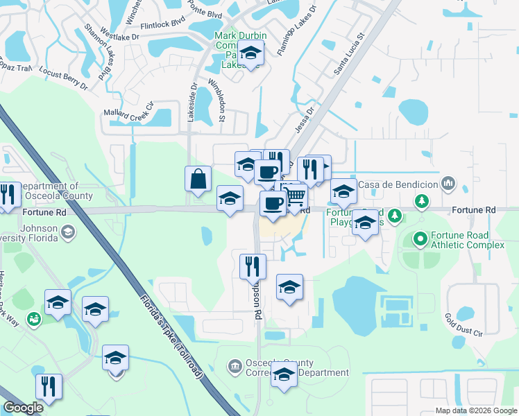 map of restaurants, bars, coffee shops, grocery stores, and more near 2275 Boggy Creek Road in Kissimmee