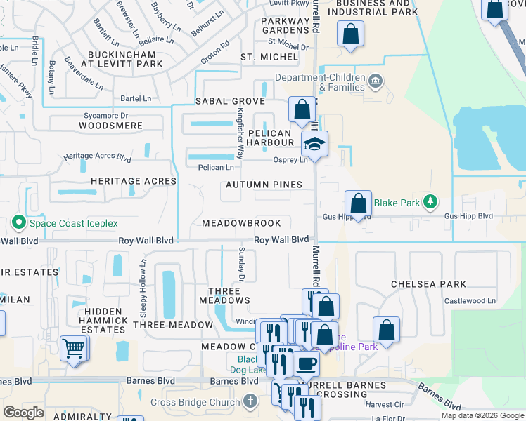 map of restaurants, bars, coffee shops, grocery stores, and more near 1076 Red Bud Circle in Rockledge