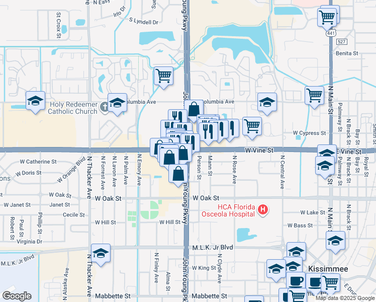 map of restaurants, bars, coffee shops, grocery stores, and more near U.S. 92 & W Irlo Bronson Memorial Hwy in Kissimmee
