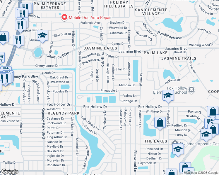 map of restaurants, bars, coffee shops, grocery stores, and more near 10118 Hickory Hill Drive in Port Richey