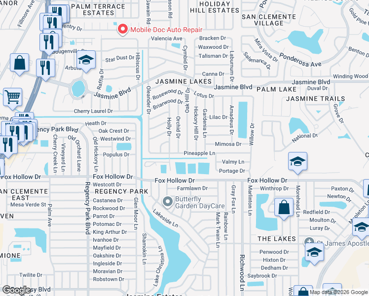 map of restaurants, bars, coffee shops, grocery stores, and more near 10117 Oak Hill Drive in Port Richey