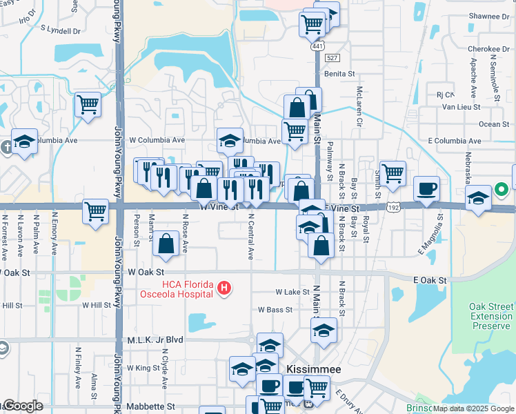 map of restaurants, bars, coffee shops, grocery stores, and more near U.S. 192 in Kissimmee