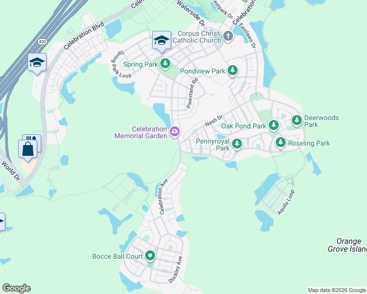 map of restaurants, bars, coffee shops, grocery stores, and more near 1258 Celebration Avenue in Kissimmee