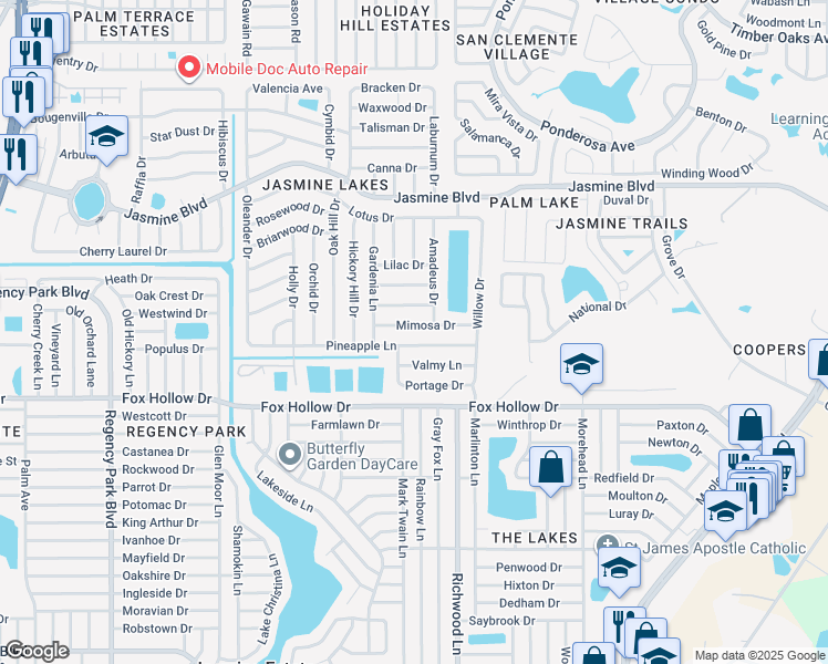 map of restaurants, bars, coffee shops, grocery stores, and more near 7908 Mimosa Drive in Port Richey