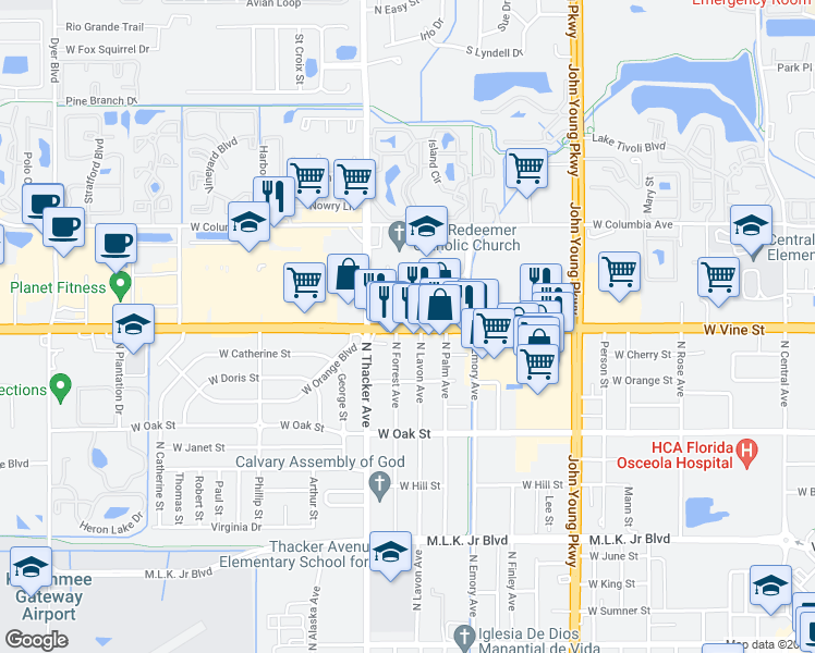 map of restaurants, bars, coffee shops, grocery stores, and more near 1817 West Vine Street in Kissimmee