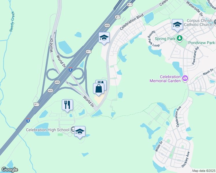 map of restaurants, bars, coffee shops, grocery stores, and more near 1660 Celebration Boulevard in Celebration