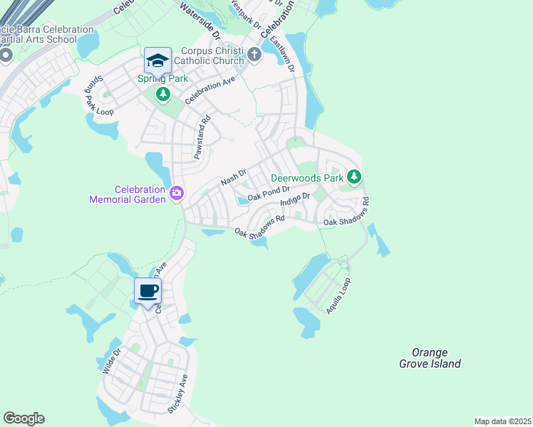 map of restaurants, bars, coffee shops, grocery stores, and more near 740 Oak Shadows Road in Kissimmee
