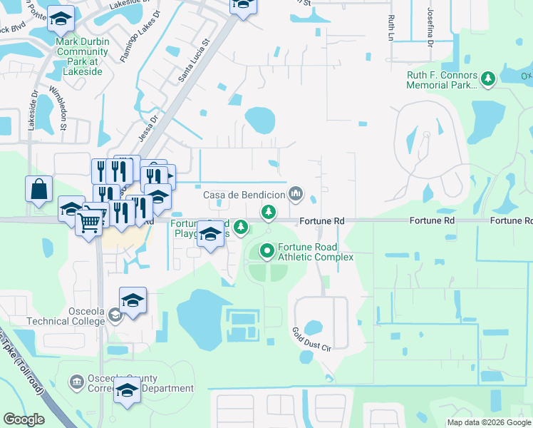 map of restaurants, bars, coffee shops, grocery stores, and more near 2521 Fortune Road in Kissimmee