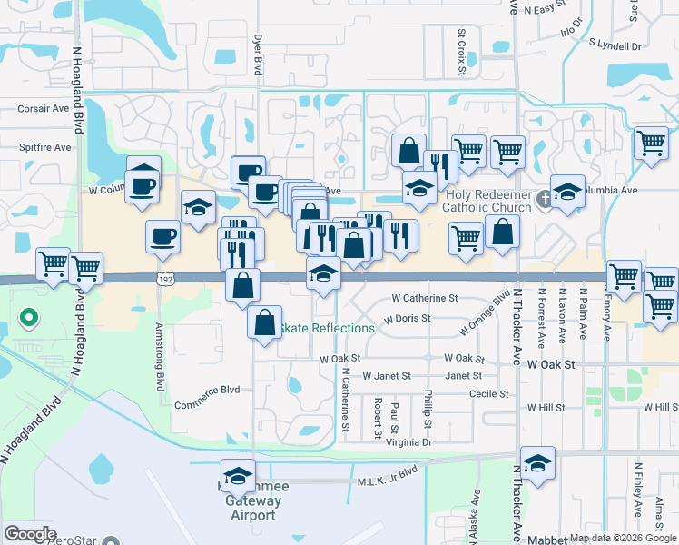 map of restaurants, bars, coffee shops, grocery stores, and more near 2809 West Vine Street in Kissimmee