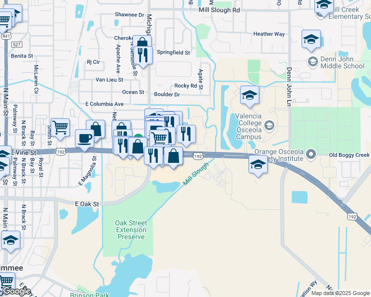 map of restaurants, bars, coffee shops, grocery stores, and more near 1417 East Vine Street in Kissimmee