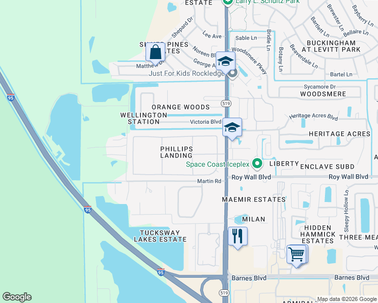 map of restaurants, bars, coffee shops, grocery stores, and more near 3232 Merrick Avenue in Rockledge