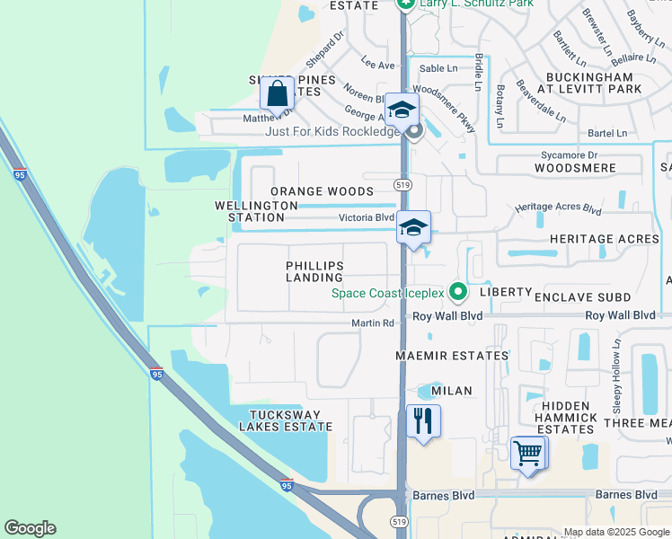 map of restaurants, bars, coffee shops, grocery stores, and more near 3232 Merrick Avenue in Rockledge