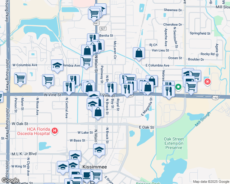 map of restaurants, bars, coffee shops, grocery stores, and more near 403 East Vine Street in Kissimmee