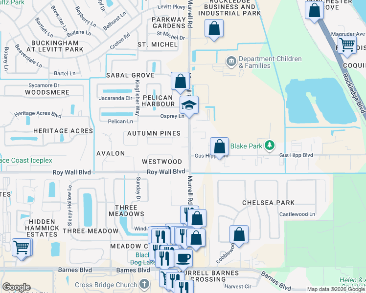 map of restaurants, bars, coffee shops, grocery stores, and more near 3225 Murrell Road in Rockledge