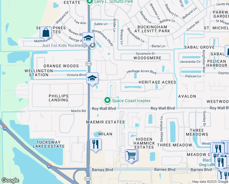 map of restaurants, bars, coffee shops, grocery stores, and more near 1324 Gem Circle in Rockledge