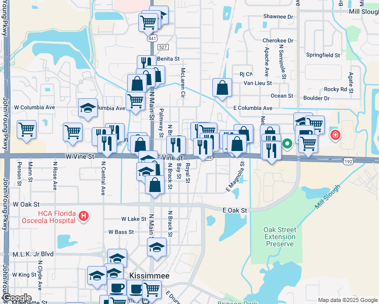 map of restaurants, bars, coffee shops, grocery stores, and more near 403 East Vine Street in Kissimmee
