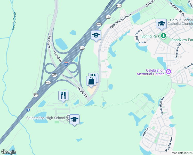 map of restaurants, bars, coffee shops, grocery stores, and more near 1660 Celebration Boulevard in Celebration
