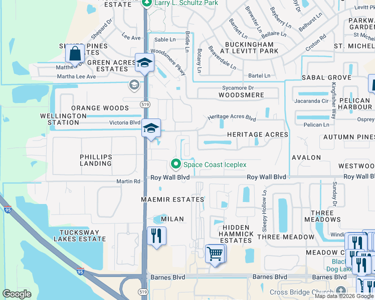 map of restaurants, bars, coffee shops, grocery stores, and more near 1324 Gem Circle in Rockledge