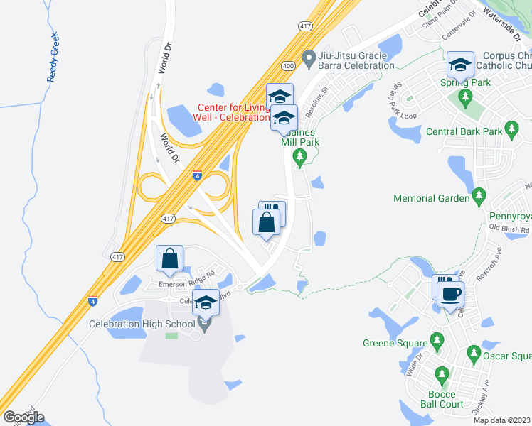 map of restaurants, bars, coffee shops, grocery stores, and more near 1658 Celebration Boulevard in Celebration