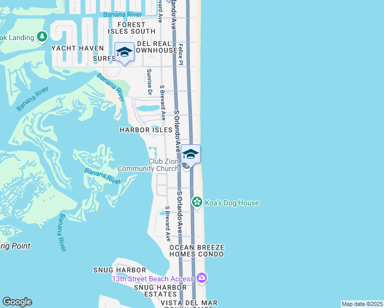 map of restaurants, bars, coffee shops, grocery stores, and more near 755 Florida A1A in Cocoa Beach