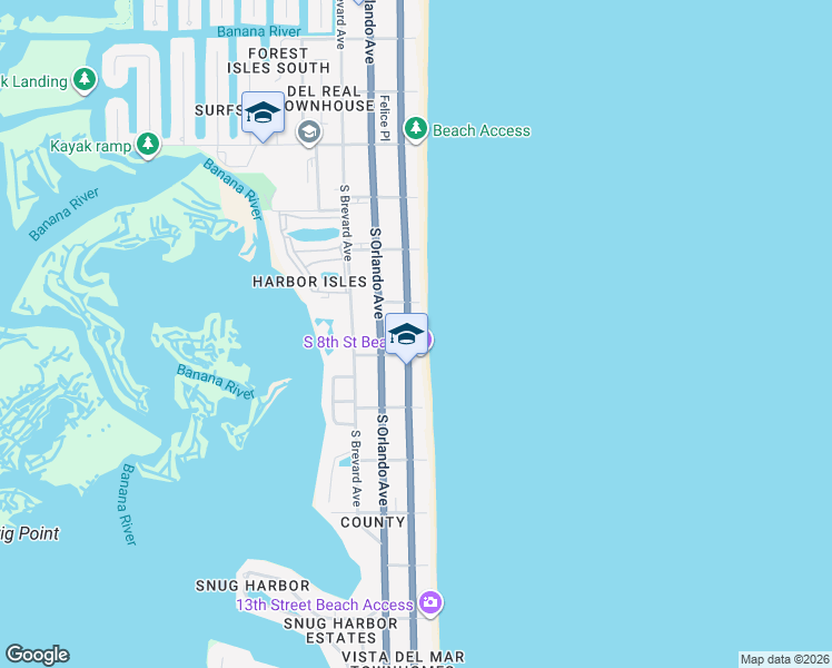 map of restaurants, bars, coffee shops, grocery stores, and more near 755 Florida A1A in Cocoa Beach