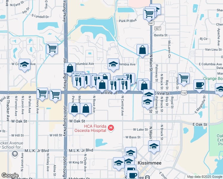 map of restaurants, bars, coffee shops, grocery stores, and more near 505 Florida 530 in Kissimmee