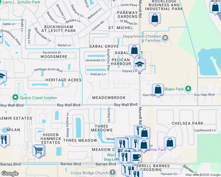 map of restaurants, bars, coffee shops, grocery stores, and more near 1033 Kingfisher Way in Rockledge
