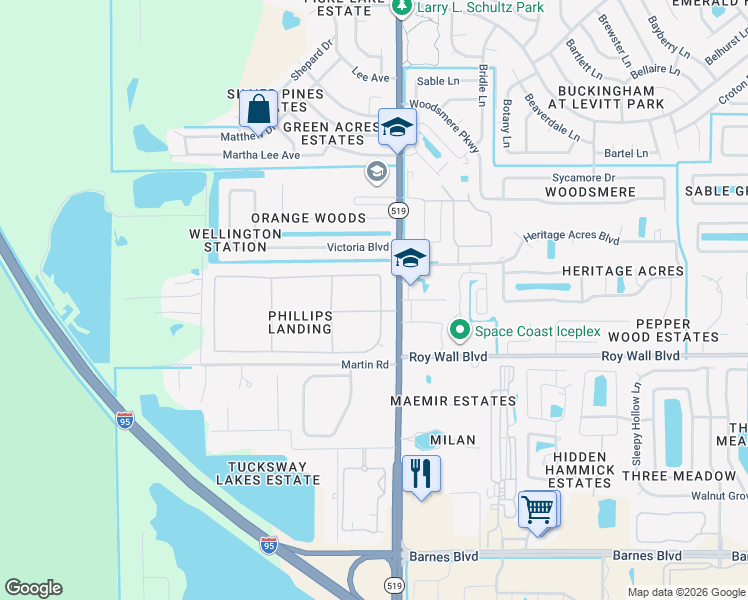 map of restaurants, bars, coffee shops, grocery stores, and more near 1420 Bridgeport Circle in Rockledge