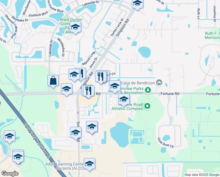 map of restaurants, bars, coffee shops, grocery stores, and more near 2411 Fortune Road in Kissimmee