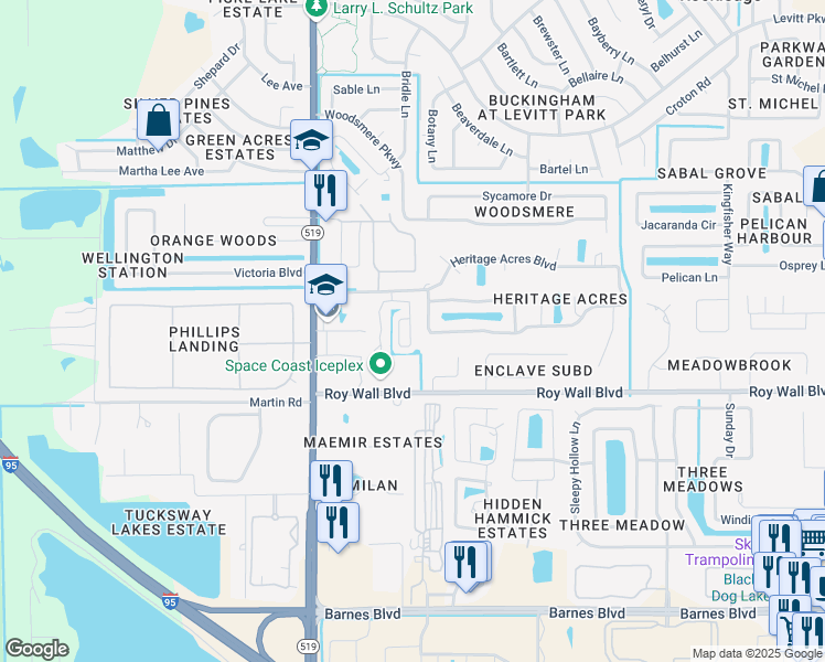 map of restaurants, bars, coffee shops, grocery stores, and more near 1324 Gem Circle in Rockledge
