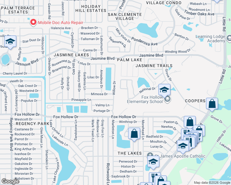 map of restaurants, bars, coffee shops, grocery stores, and more near 10130 Willow Drive in Port Richey