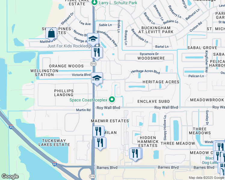 map of restaurants, bars, coffee shops, grocery stores, and more near 1211 Marquise Court in Rockledge