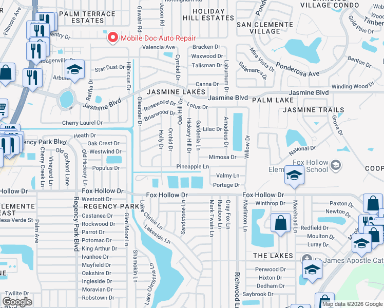 map of restaurants, bars, coffee shops, grocery stores, and more near 10132 Hickory Hill Drive in Port Richey