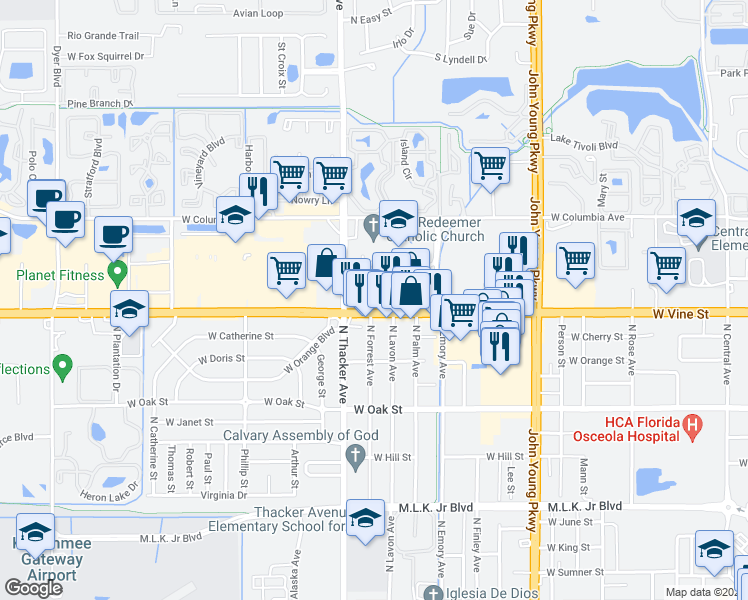 map of restaurants, bars, coffee shops, grocery stores, and more near 1901 Florida 530 in Kissimmee