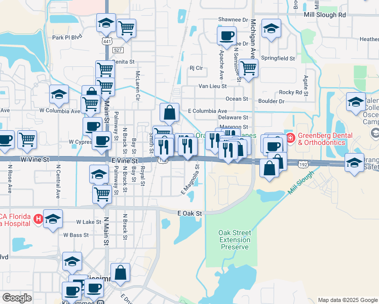 map of restaurants, bars, coffee shops, grocery stores, and more near 901 E Vine St in Kissimmee