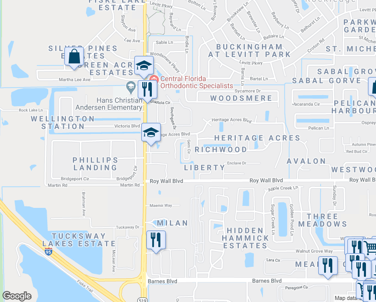 map of restaurants, bars, coffee shops, grocery stores, and more near 1323 Gem Circle in Rockledge